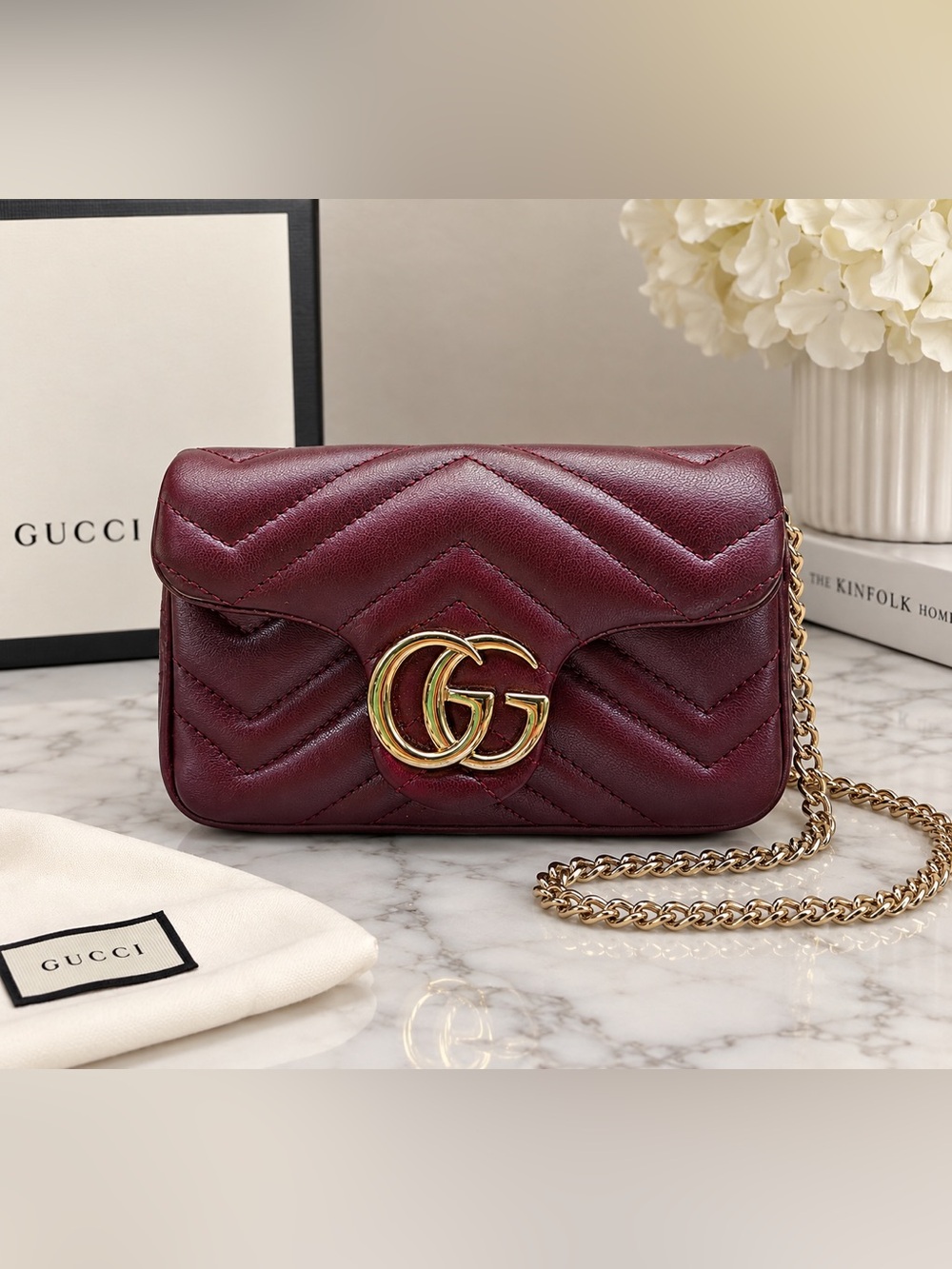 Gucci Marmont Chevron Quilted Crossbody in Wine with Gold Hardware